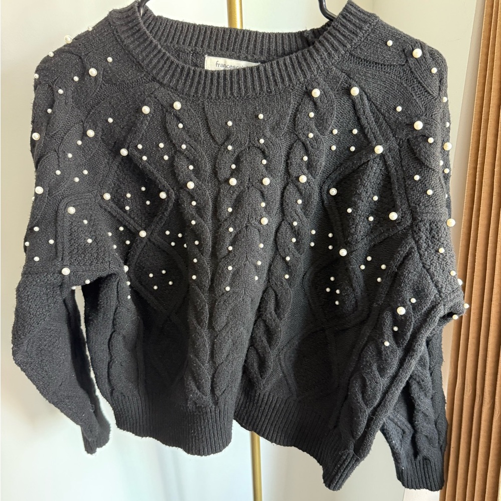 Francesca's Collections Charcoal Sweater with Pearl Details